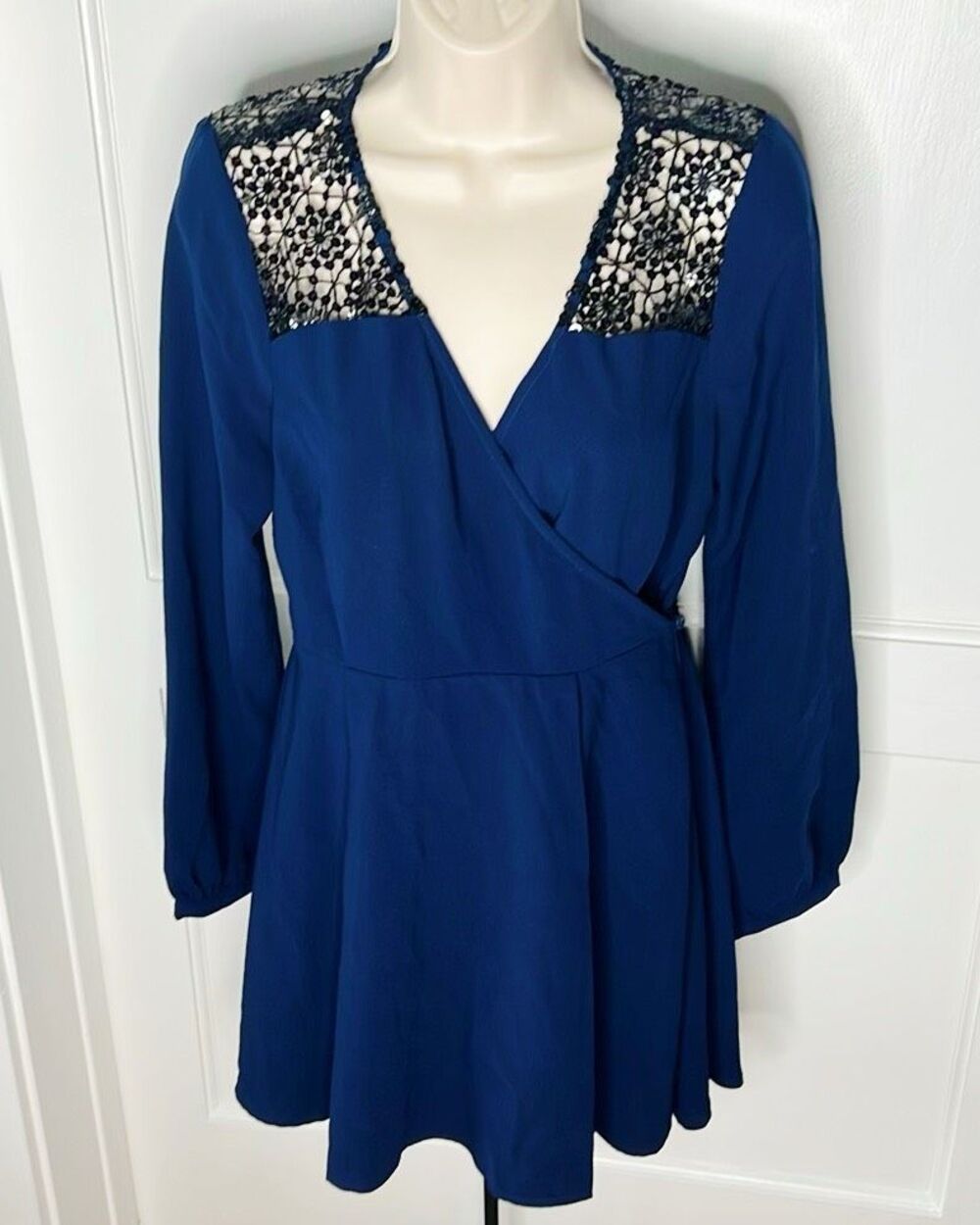 Dance & Marvel Crochet Lace Wrap Mini Dress Navy Blue Size Medium